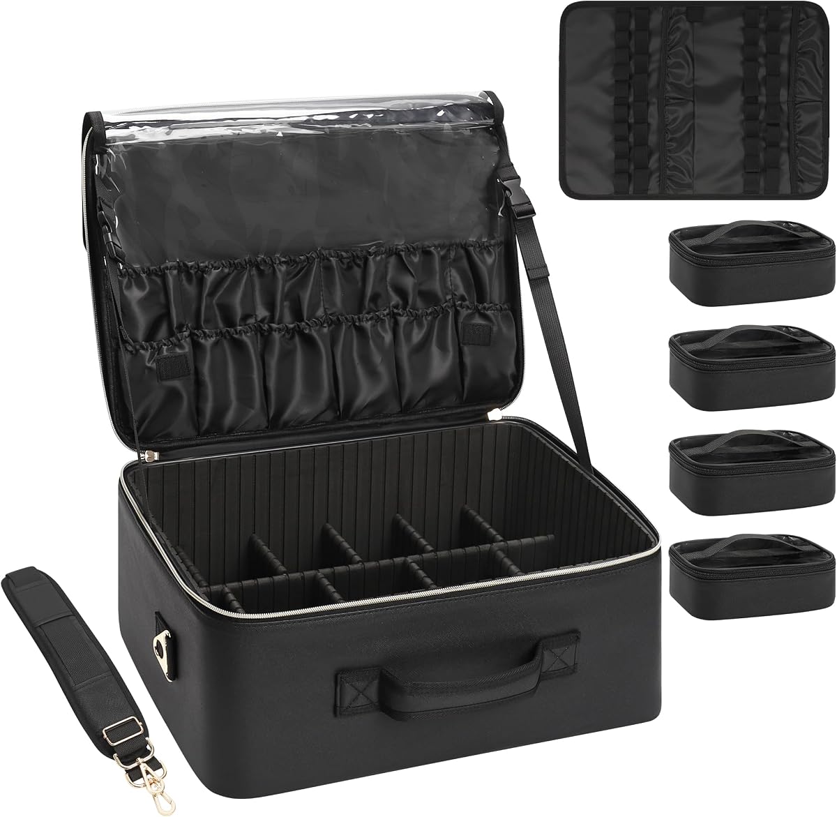 Bolsa de maquillaje extra grande, estuche de maquillaje profesional para maquilladores, organizador de cosméticos de viaje con 4 pequeñas bolsas portátiles y plato para cepillo/lápiz labial, divisores ajustables y correa para el hombro