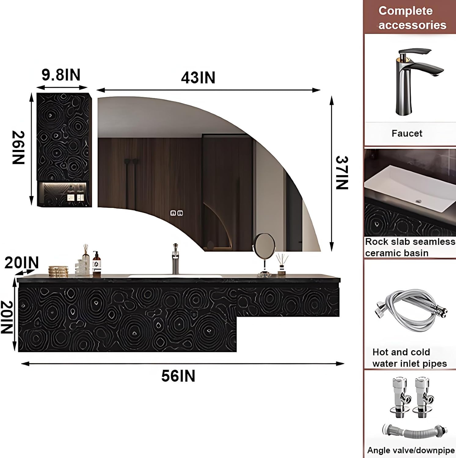 Bathroom Vanity - Modern Bathroom Vanity Set with Seamless Sink & Smart LED Defog Mirror, Anti-Fog Technology & LED Light, Floating Sink with Stool (Black-A,56IN)
