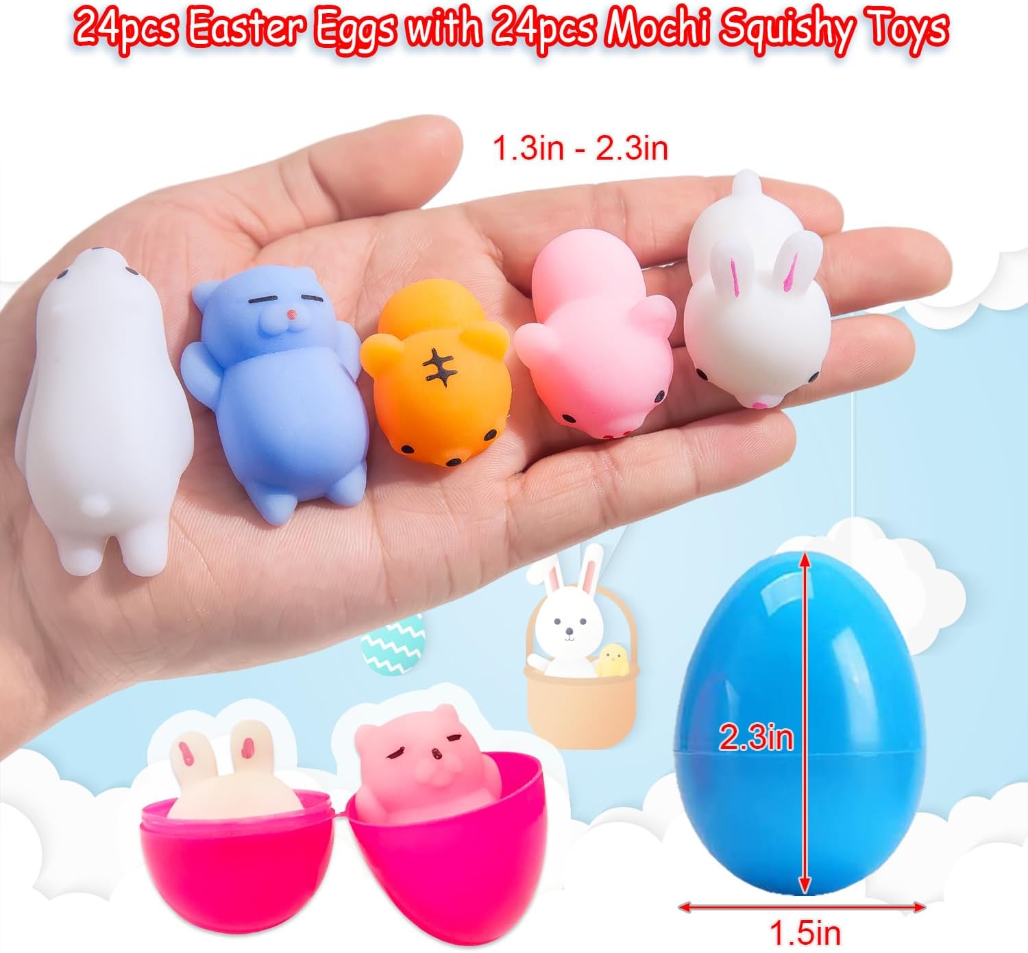 24 Pack Fillers Easter Eggs with Mochi Squishy Toys Surprise Mini Kawaii Animal Squishies Stress Relief Toys for Easter Basket Stuffers Hunt Theme Party Favors Classroom Prize Supplies