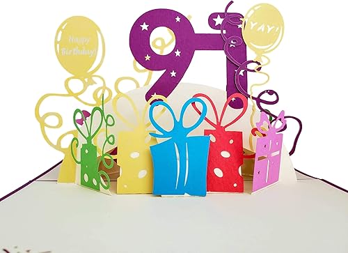 Miniatura 2 de iGifts And Cards Tarjeta de felicitación emergente 3D de feliz cumpleaños 91 con regalos - Noventa y uno, increíble, globos, regalo único,