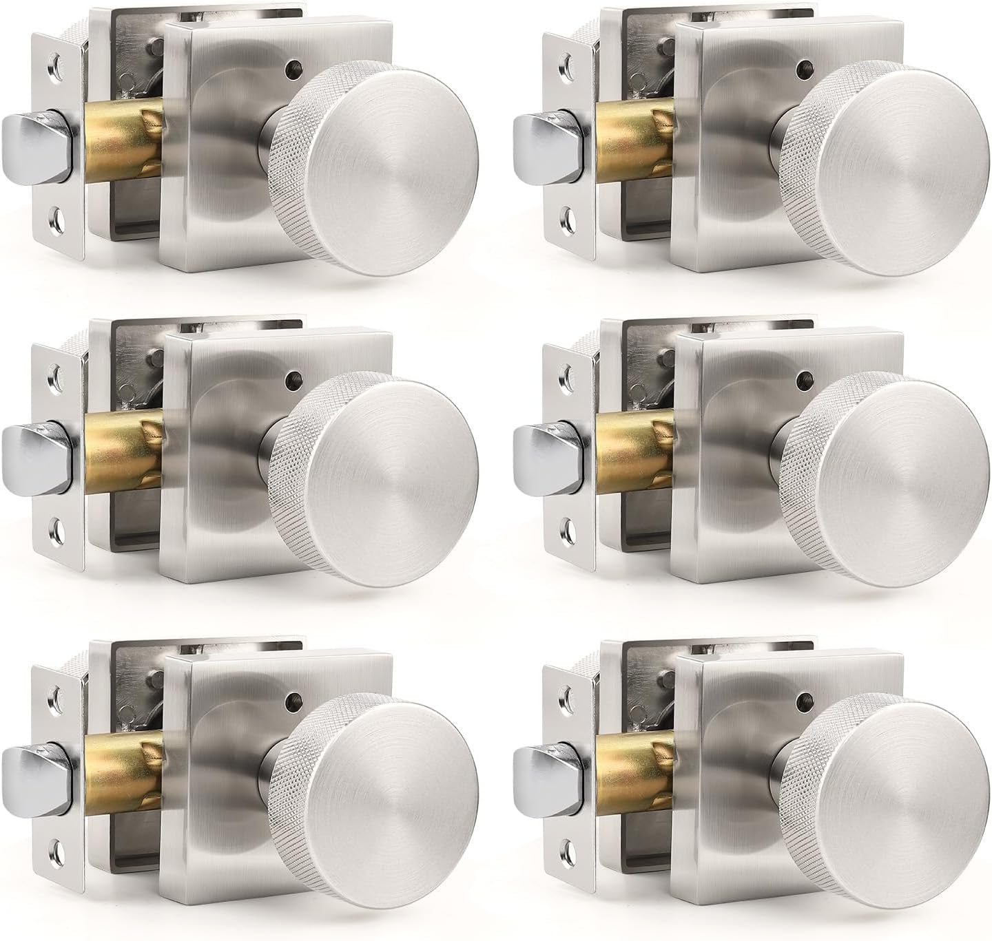 Orger Brushed Nickel Privacy Door Knobs Interior, Zinc Alloy Keyless Stain Nickle Door Knobs with Lock for Bedroom and Bathroom, Knurled Heavy Duty Silver Square Base Modern Doorknobs, 6 Pack