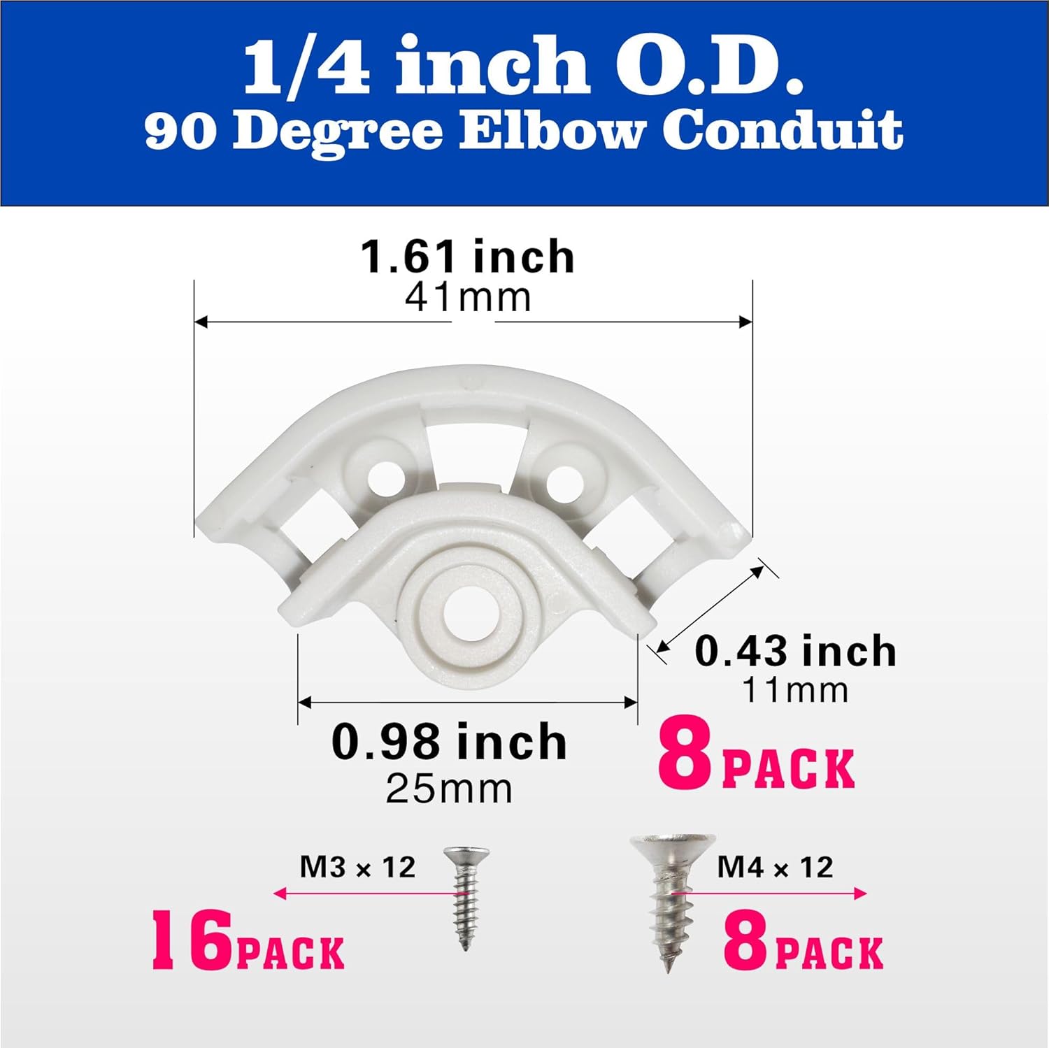 1/4" 90 Degree Elbow Conduit With White Half Clamp J-Hook and Stainless Screw Kit,For 1/4 inch RO Tubing Plastic Polymer,Pex Pipe Clamps (pack of 8)