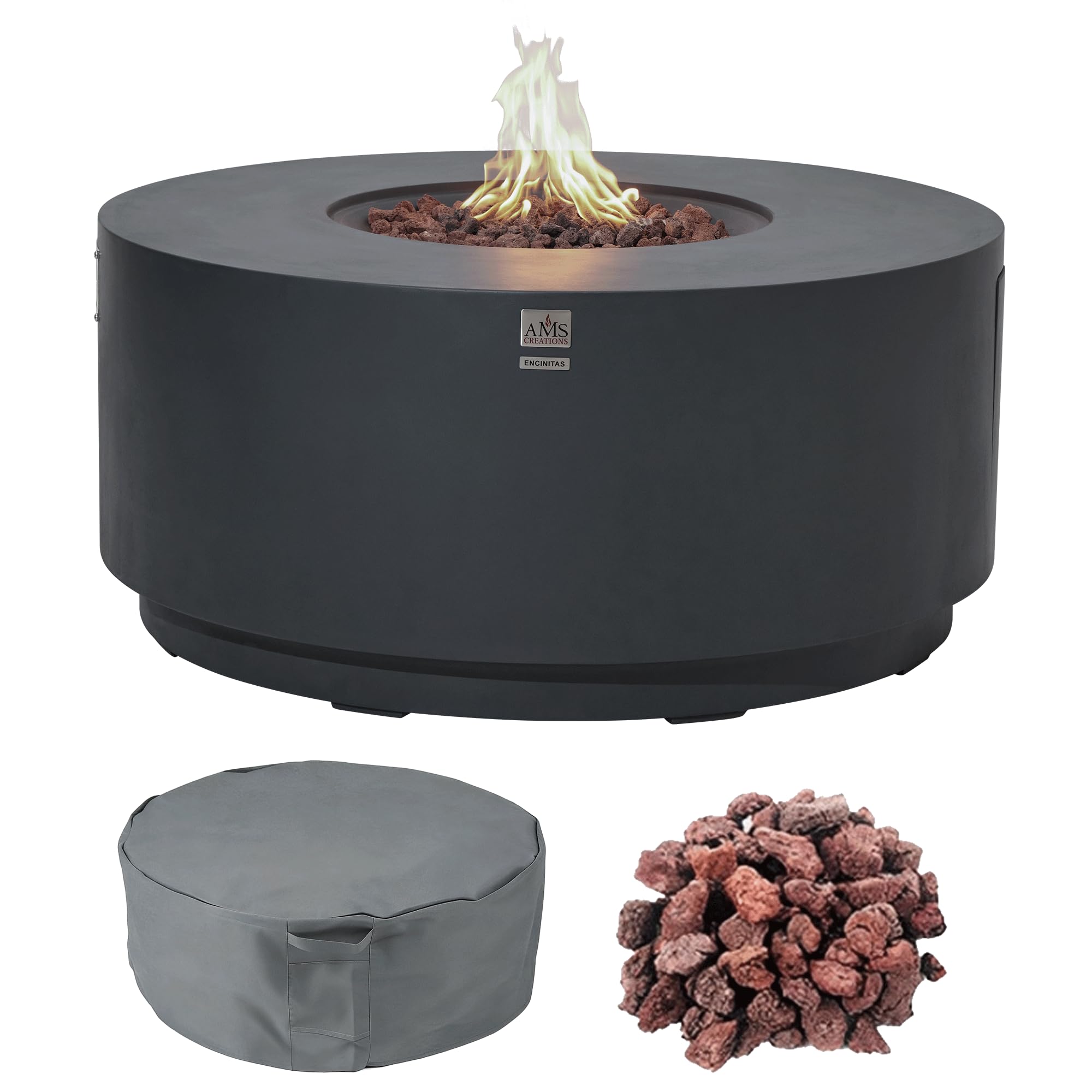 AMS Round Concrete GFRC Propane Gas Fire Pit Table (Dark Gray)