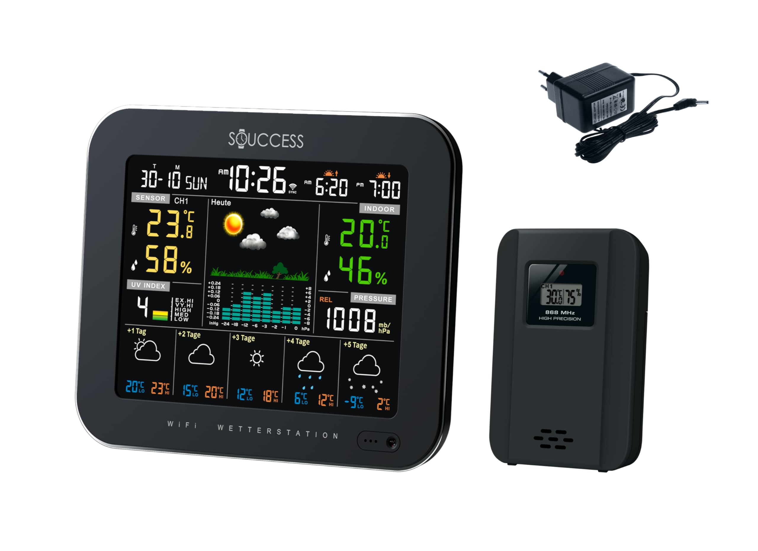 SOUCCESS Smarte Wetterstation Deluxe mit Außensensor – WiFi Funkwetterstation mit Tuya Smart Life App, 5-Tage-Wettervorhersage, Farbdisplay, Temperatur, Luftfeuchtigkeit, Luftdruck & 868 MHz Sensor