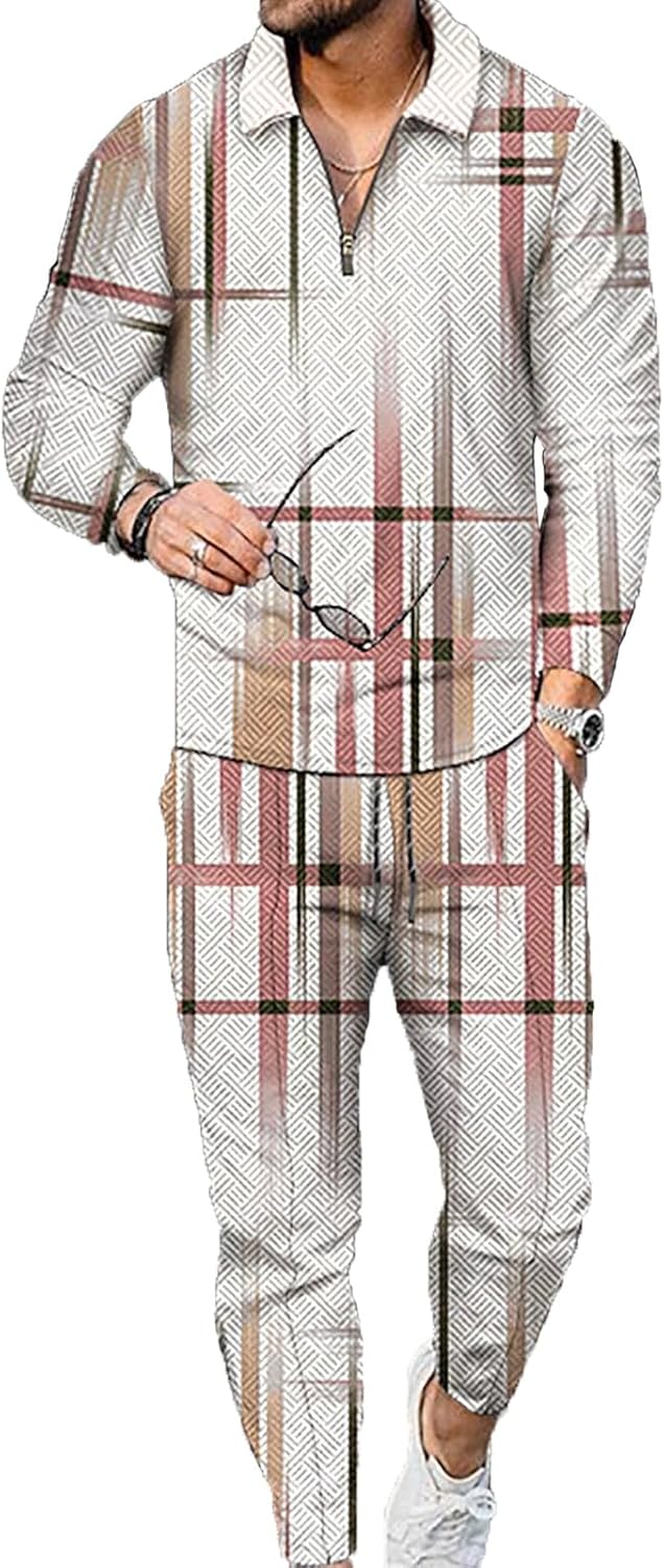 Mens Tracksuit Set 2 Piece Long Sleeve Polo Shirt and Pants Jogging Sweatsuits Sets Casual Fashion Vacation Outfits Loungewear Mixed Color Grid Stripe Size L