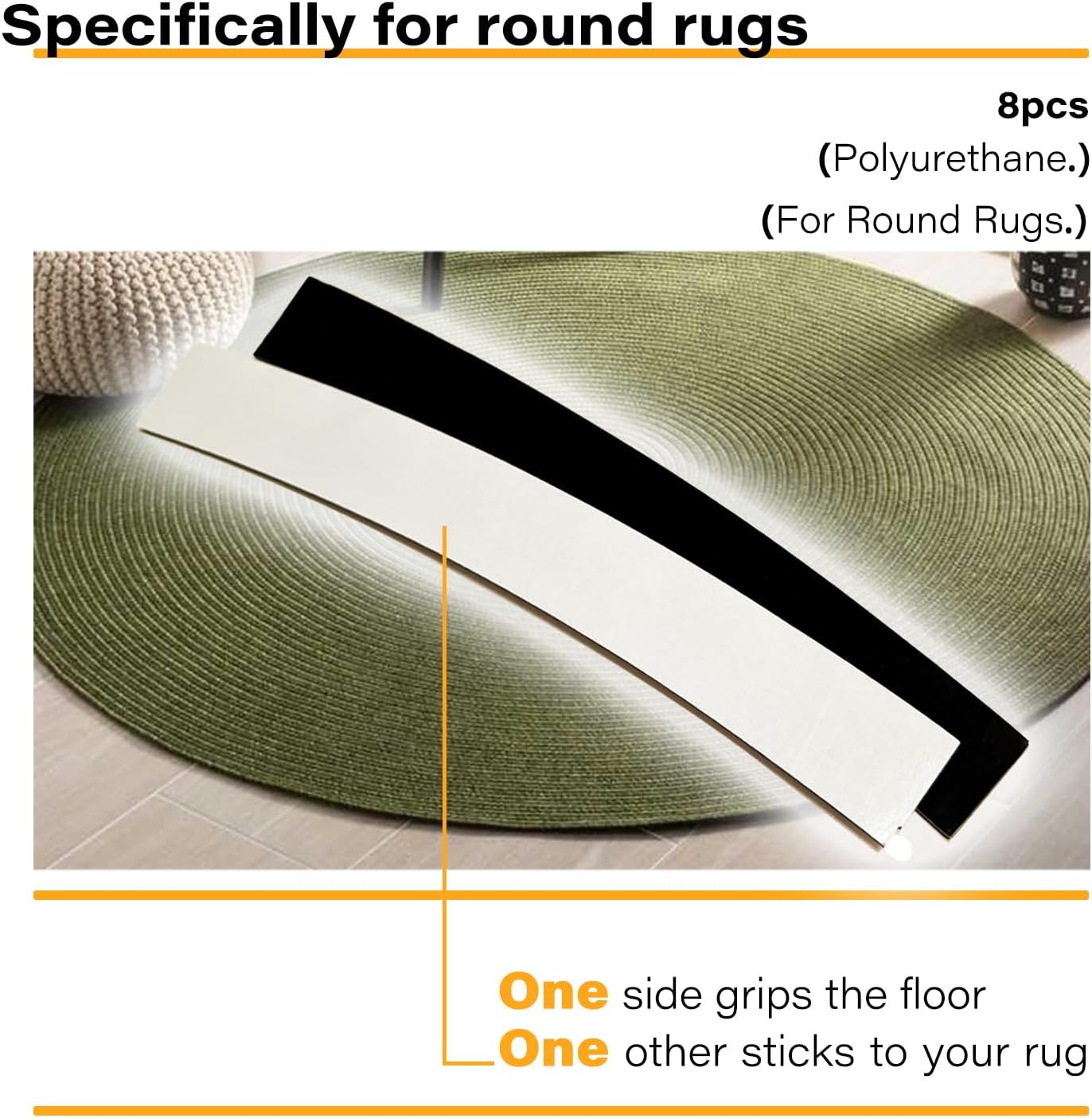 8 Packs Rug Gripper Pads for 4x4 to 6x6 Feet Circle Area Rugs, Curved Non-Slip Rug Tape to Keep Round Carpet Flat for Hardwood Floors Tile Floors - Black