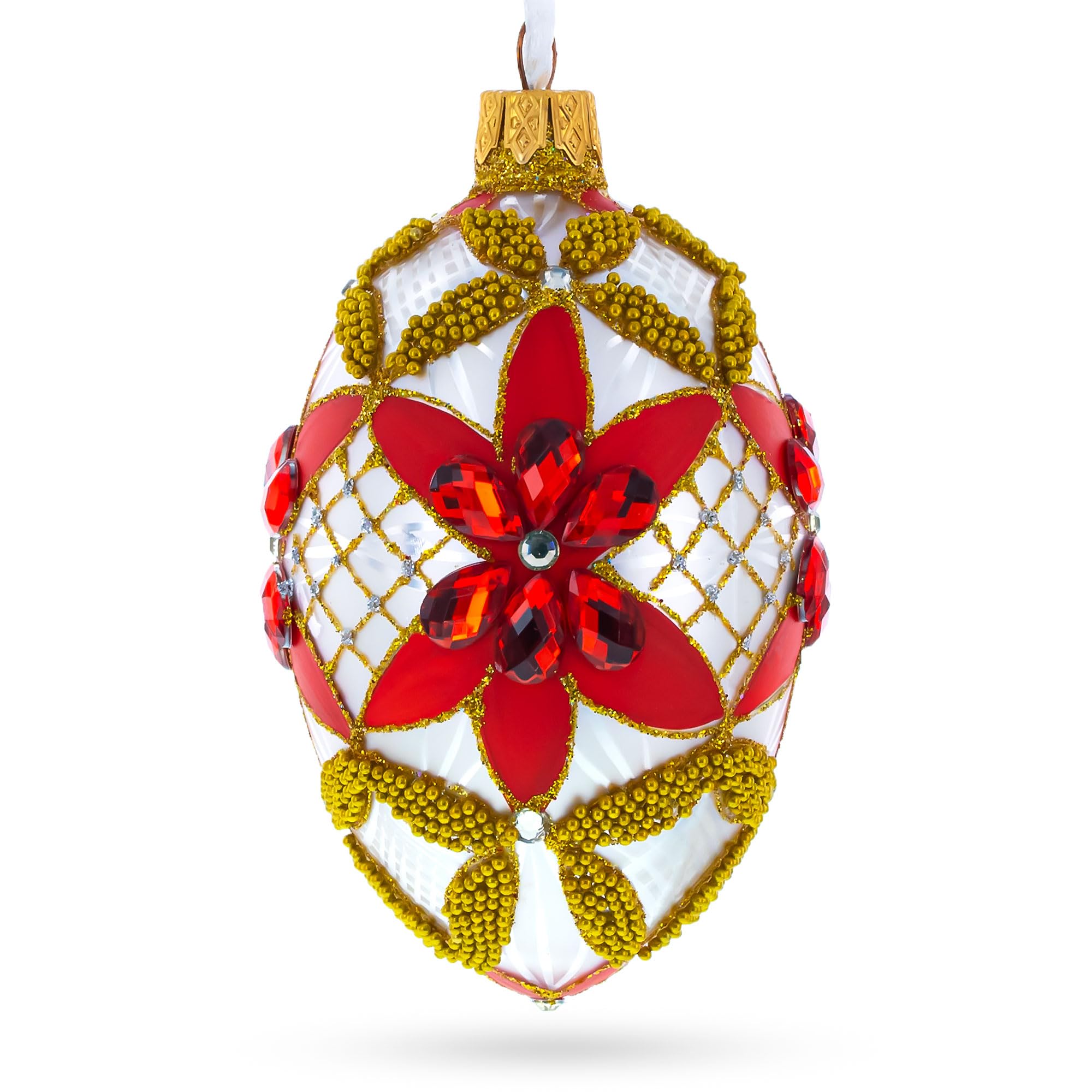 Œuf décoratif en verre blanc BestPysanky : décoration artisanale raffinée aux étoiles rouges