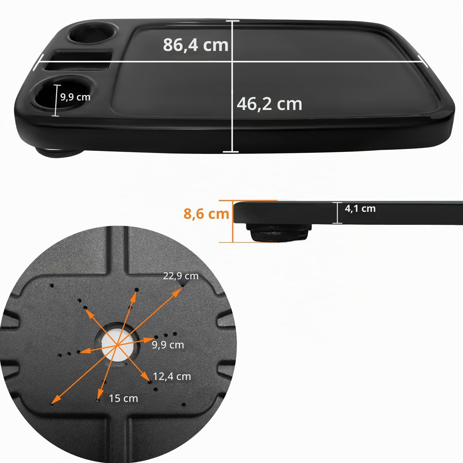Mesa de barco extraíble, 86,4 x 45,7 cm, pontón para barco, gran parte superior con portavasos integrados, soporte para teléfono de ABS, impermeable y antienvejecimiento (negro)