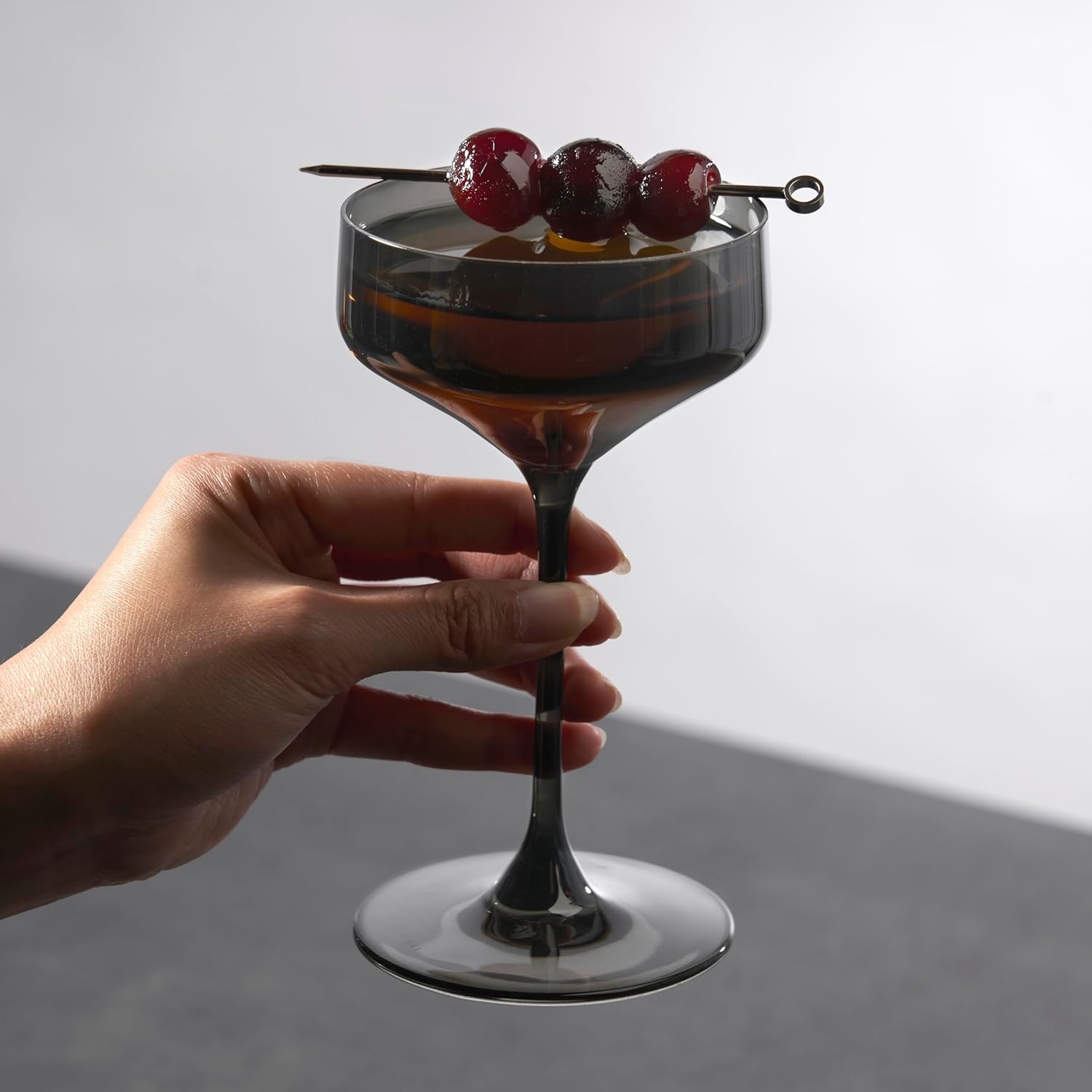 Viski Reserve Nouveau Smoke Gray Coupe Cocktail Glasses - Crystal Colored Coupe Glasses Colorful Martini Glasses - 6.5oz Long Stem Glassware Set Set of 2