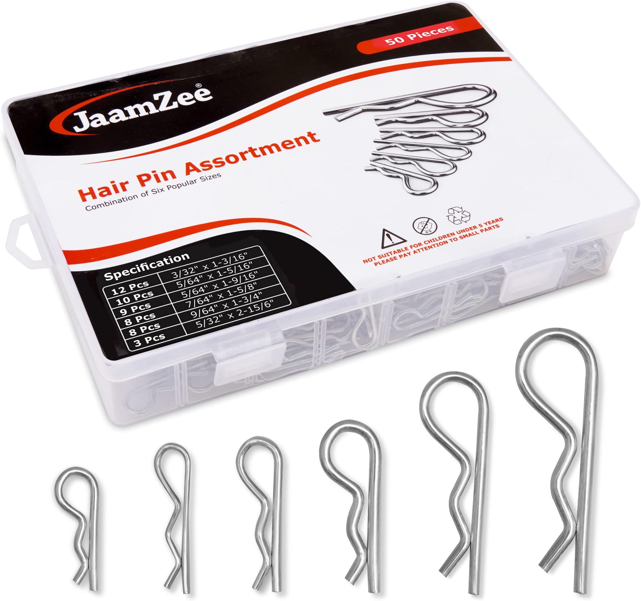 Cotter Pins 50 Pcs r pins - Sturdy & Durable Alloy Steel - R- Shaped Heavy Duty Cotter Pin Assortment Kit in 6 Different Sizes - Perfect for Mechanics, Lawn Mowers, & RV Owners