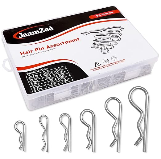 Cotter Pins 50 Pcs r pins - Sturdy & Durable Alloy Steel - R- Shaped Heavy Duty Cotter Pin Assortment Kit in 6 Different Sizes - Perfect for Mechanics, Lawn Mowers, & RV Owners