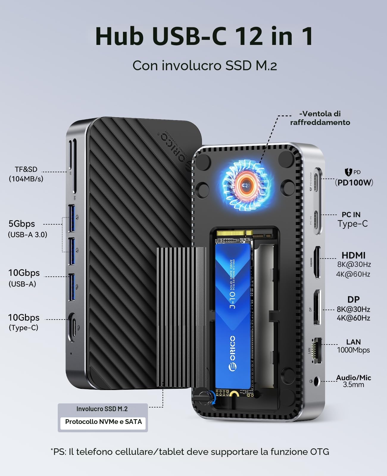 ORICO Hub C 11 in 1 con alloggiamento SSD M.2, docking station con ventilatore, HDMI, DP, Gigabit Ethernet, PD, SD/TF, audio/microfono, 10 Gbps e 2x5 Gbps