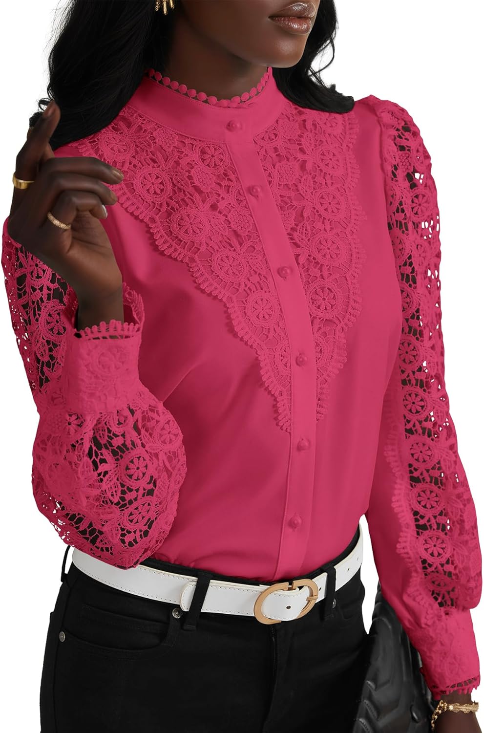 Rooscier Women's Lace Elegant Dressy Blouse Mock Neck Long Sleeve Button Down Work Business Crochet Shirt Top