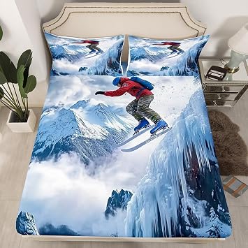 Erosebridal Ski Fitted Sheet Queen Size Sports Bed Sheets for Kids Men Women Winter Snow Gaming Mountain White Blue Bed Set Deep Pocket Sheets