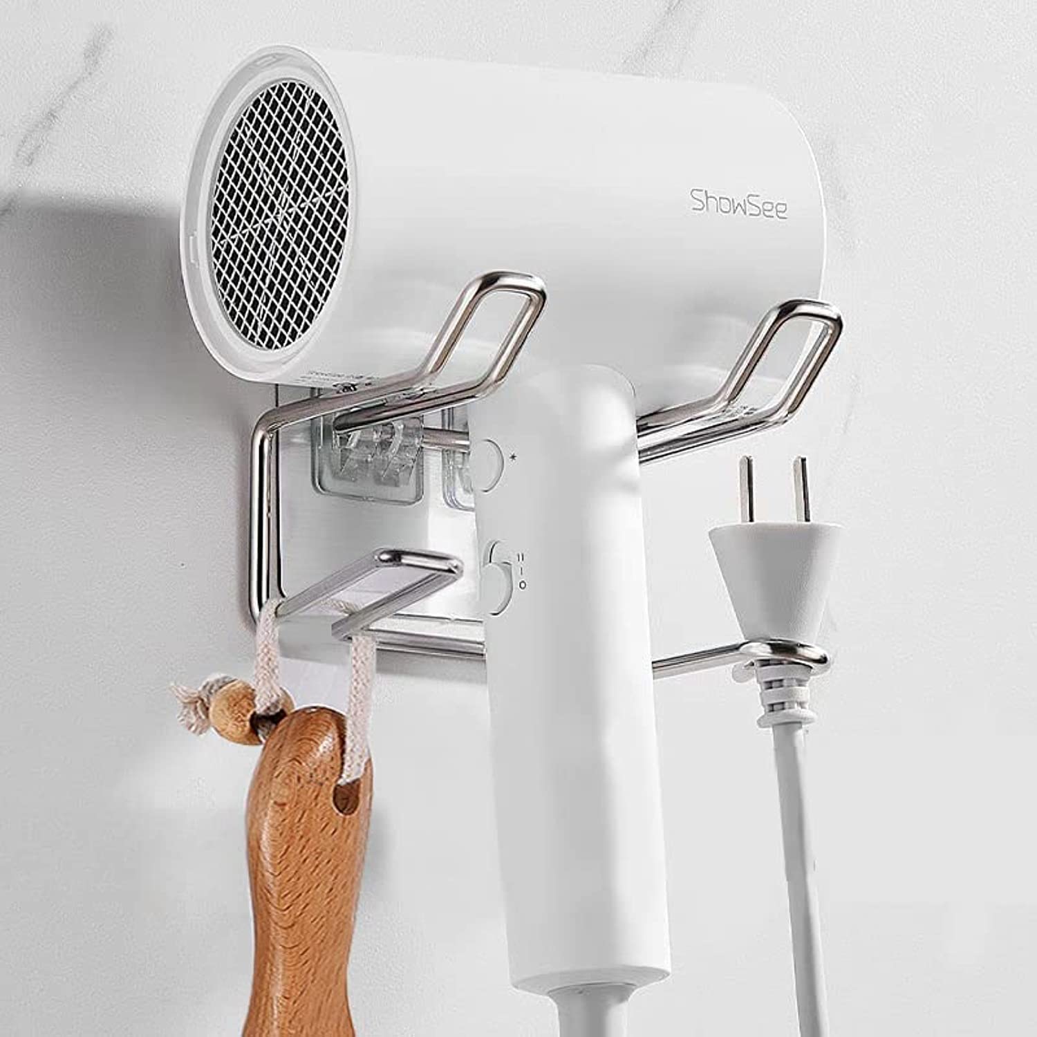 Hair Dryer Holder Wall Mount: Stainless Steel Blow Dryer Holder Rack,Self Adhesive Storage Organizer Hanger with Hooks,Durable Hair Care Styling Tools Holder Rack, Fit for Most Types