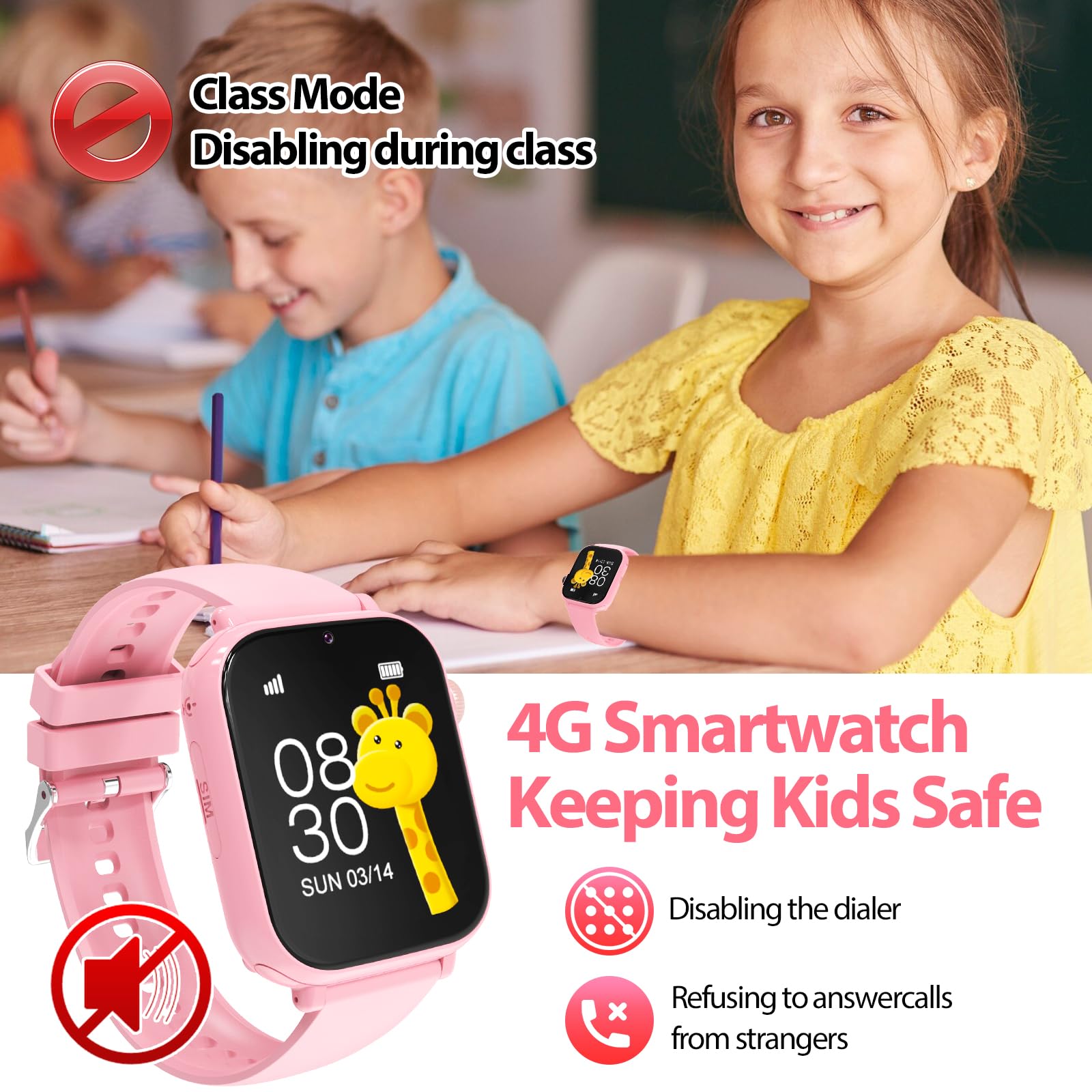 PTHTECHUS Smartwatch per Bambini, 4G Orologio GPS Bambini, Videochiamata e Telefono, WIFI/GPS/LBS Contapassi Ricevi SMS SOS Calcolatrice Timer Sveglia, Regali per Bambini Dai 4 Anni in Su, Rosascuro