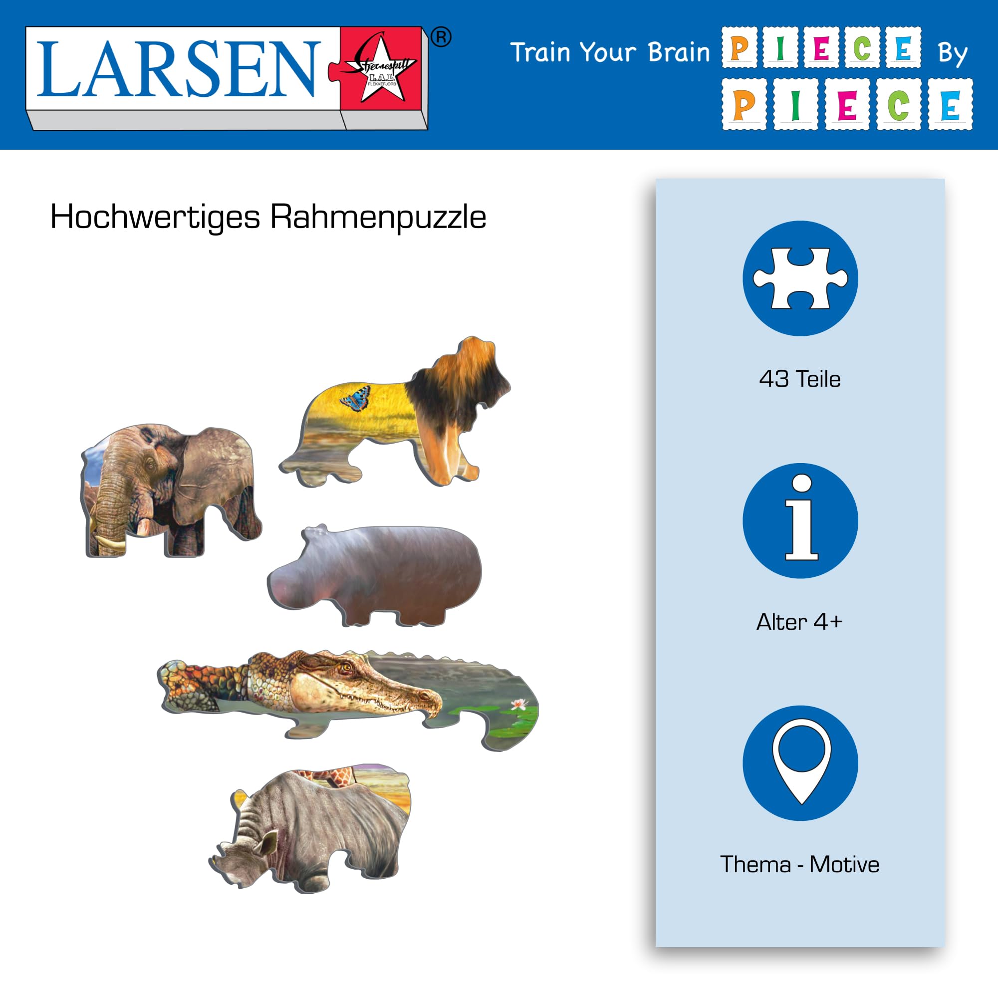 Larsen Rahmenpuzzle 'Afrikanische Savanne' Für Kinder – 43 Teile, Tiermotive Mit Kilimandscharo, Ab 4 Jahren