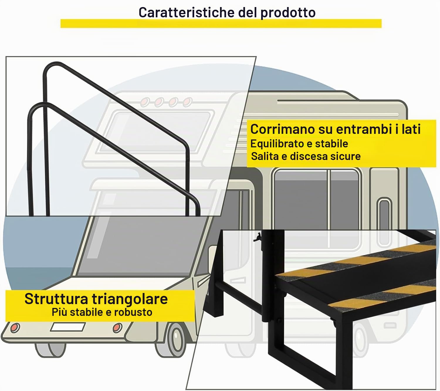 Scala per camper a 3 livelli, gradini per camper 200 kg, portata per roulotte, campeggio, con 2 corrimano, gradini antiscivolo, trailer