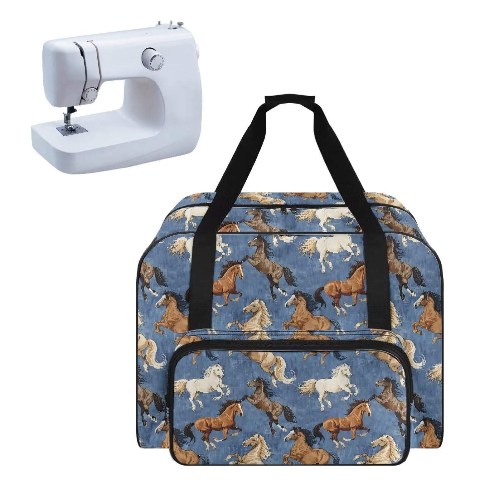 YUVAMAGIMO Horses Sewing Machine Carrying Case with Front Pocket Sewing Machine Covers Portable Travel Organizer Bag with Handles for Sewing Machine and Extra Sewing Accessories