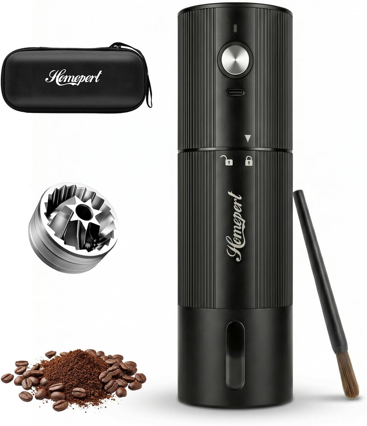 High-Speed Electric Burr Coffee Grinder, Stainless Steel Burrs, Black