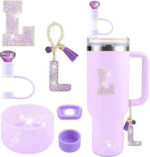 6PCS Purple for Stanley Cup Accessories Set 30/40 OZ Bling Rhinestone Initials Charms for Stanley Decorations Tumbler Accessories Including Diamond Straw Topper, Spill Stopper（Letter K）