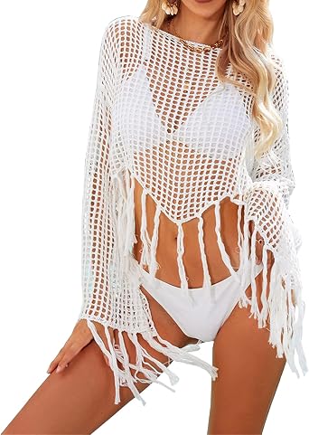 Womens Summer Crochet Hollow Out Long Sleeve Beach Bikini Swimsuit Mesh Cover Up Tunic Top
