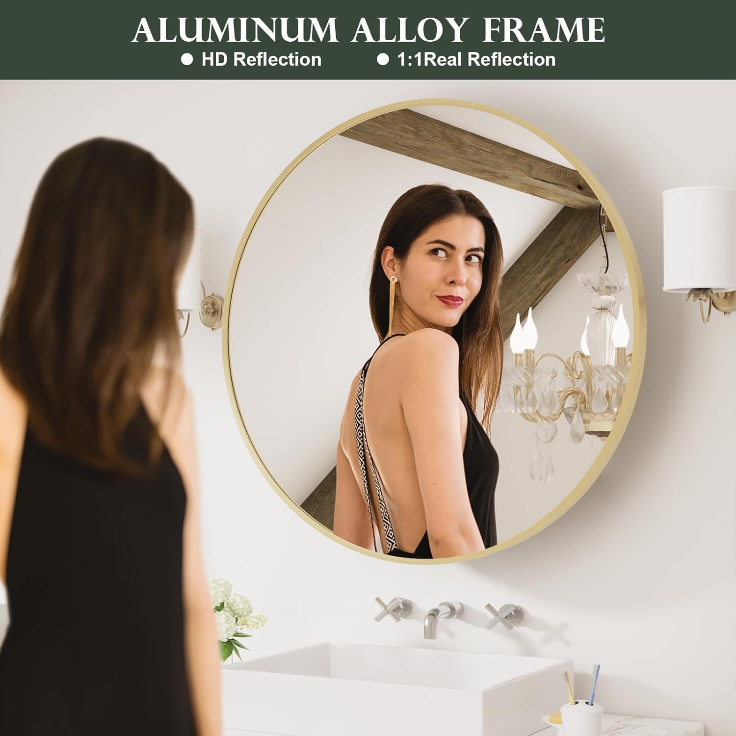 WallBeyond Bathroom Medicine Cabinet with Mirror, 24 Inch Gold Round Mirror Medicine Mabinet Wall Mounted with Aluminum Alloy Metal Framed, Surface Mount Medicine Cabinet with Storage