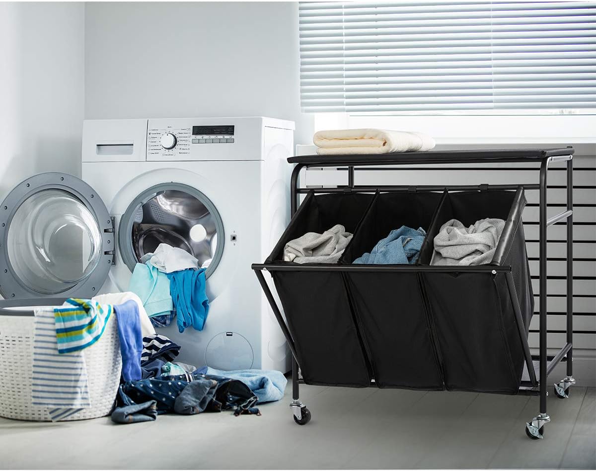 HollyHOME Laundry Sorter Cart with Unopenable Ironing Board with Side pull 3-Bag Heavy-Duty Laundry Hamper and 4 Wheels Black