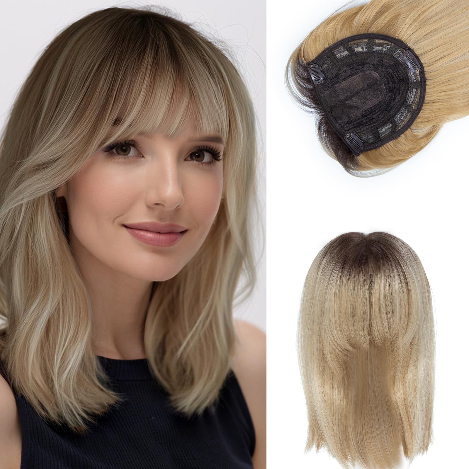 Balayage Blonde Hair Topper Clip in Hair Pieces for Woman Straight 14 Inch Clip in Toppers with Fringe for Thinning Hair
