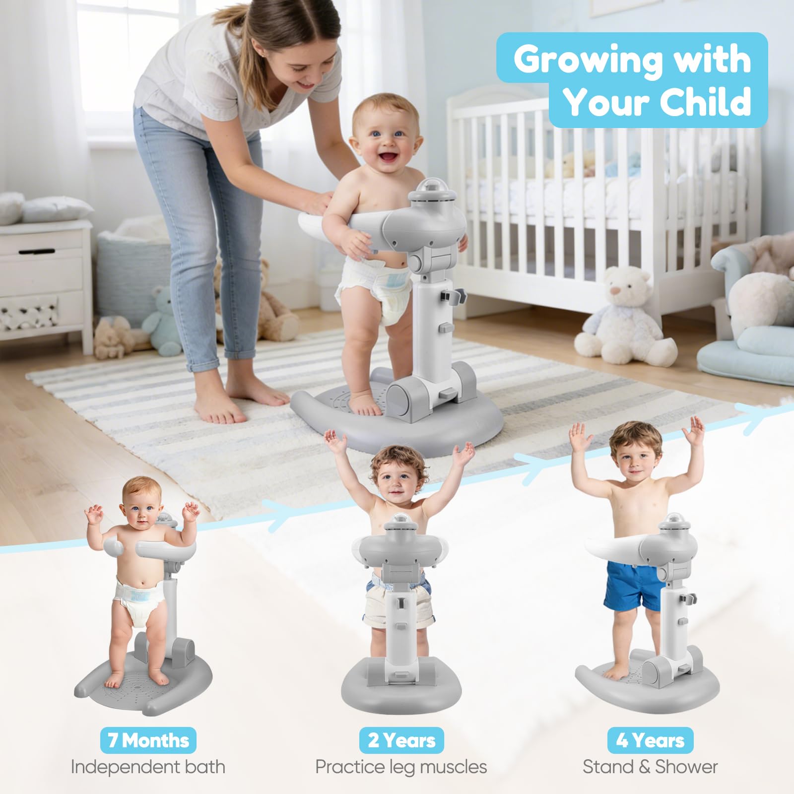 Support de douche réglable pour enfants, support de douche pour bébé, pliable 2 en 1 avec tabouret
