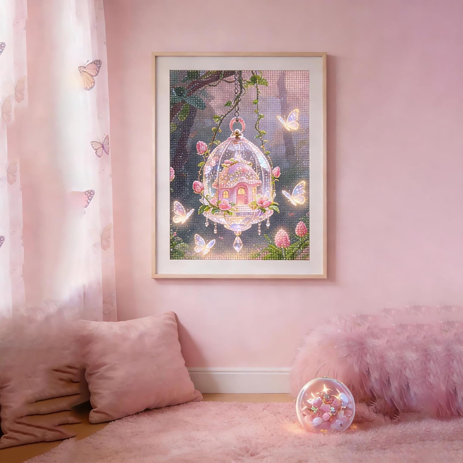 Starlit Whimsy Pink Enchanted Mushroom Full Drill Diamond Painting Kit - 12x16 Inch DIY Fantasy Craft with Rose Vine & Glowing Butterfly for Adults/Teens - Sparkling Crystal Ball Vibe Wall Decor Art