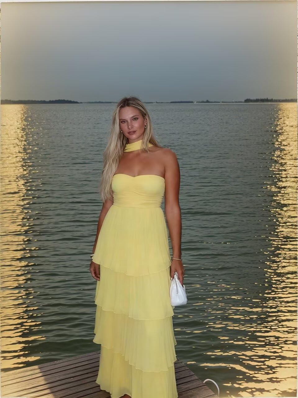 Chiffon Strapless Bridesmaid Dress Tiered Long Wedding Guest Dress with Scarf Pleated Formal Party Gown DY263