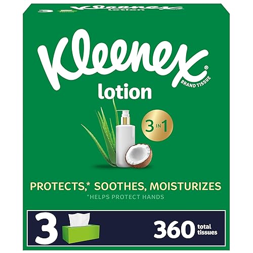 Kleenex Loción calmante para pañuelos faciales con aceite de coco, 3 cajas planas, 120 pañuelos por caja, 3 capas (360 tejidos en total), el