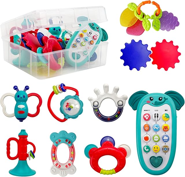 Baby Rattle Teether Toy Phone Set, Grab Shaker and Spin Rattle Toy 9PCS, Infant Newborn Baby Toys 6 to 12 Months with Storage Box, Infant Teething Toys for Toddlers Boys Girls