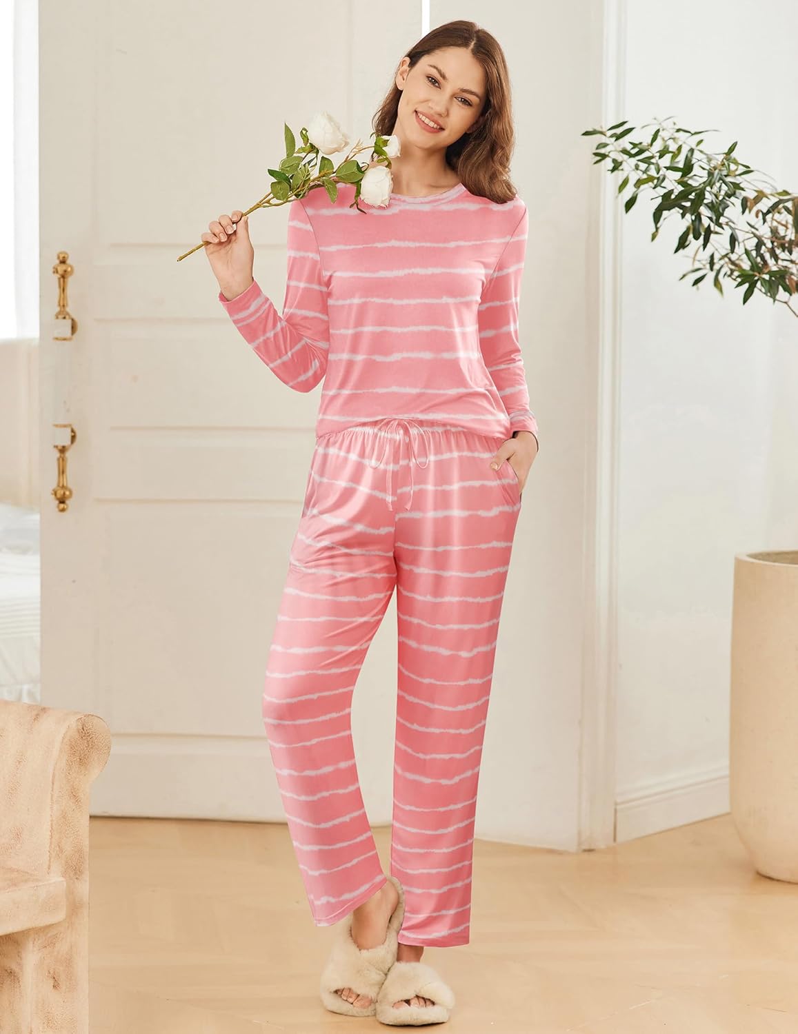 Ekouaer 2 Pack Women Pajama Long Sleeve Sleepwear Soft Loungewear Pjs Sets with Pockets S-XXL - Image 2