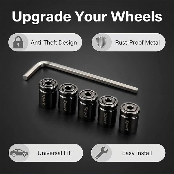 5 Piezas Metal Tapas Válvula de Neumático para Coche, Tapones Válvula Antirrobo Universales para Automóvil, SUV, Camiones, Motocicletas, Tapas Válvulas de Aire con Anillo de Sellado y Llave Incluida - 3
