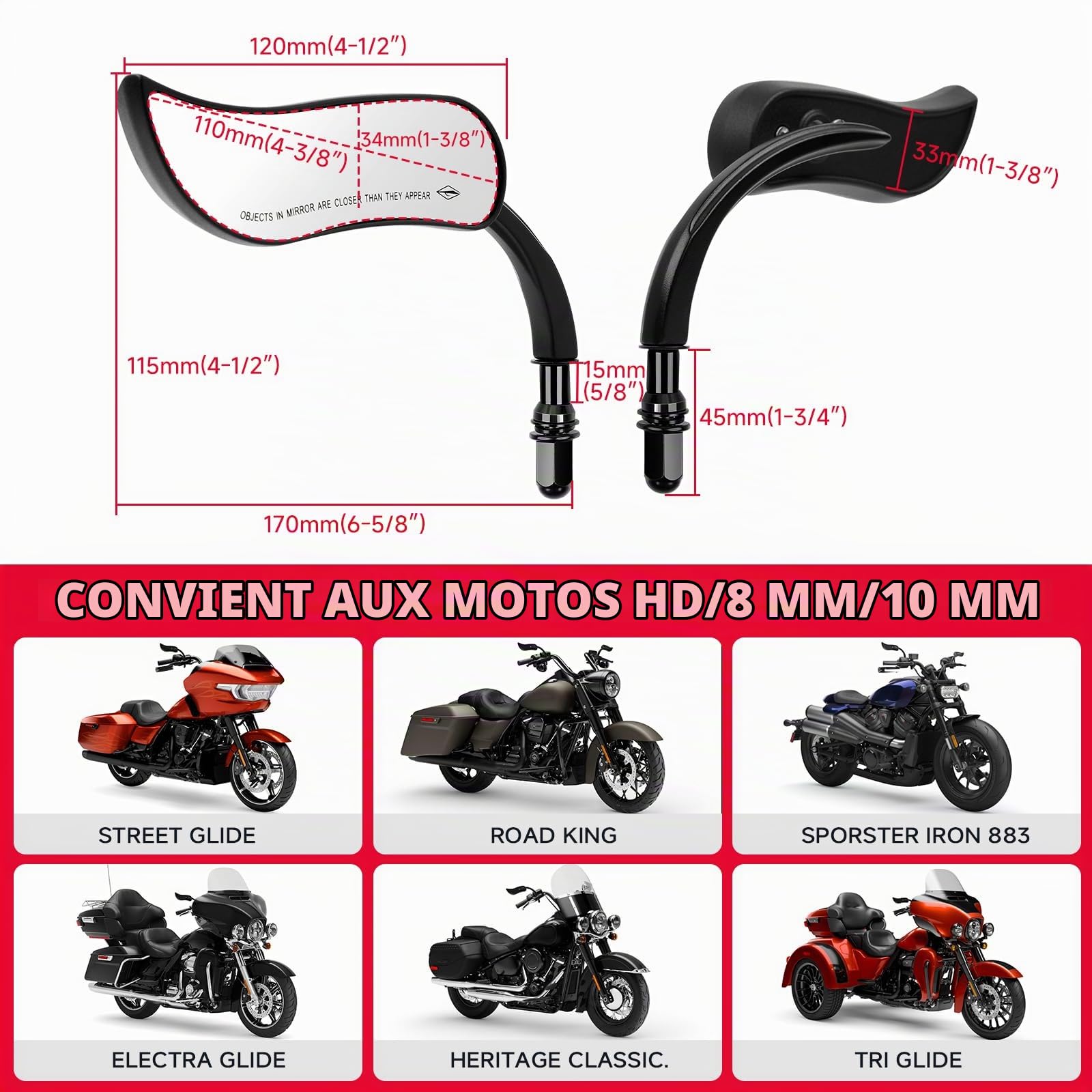 DREAMIZER Rétroviseurs Moto Universels Filetage 10mm 8mm, Rétroviseur Mini en Forme de Feuille pour Moto Compatible avec Harley Touring Softail Sportster Street Glide