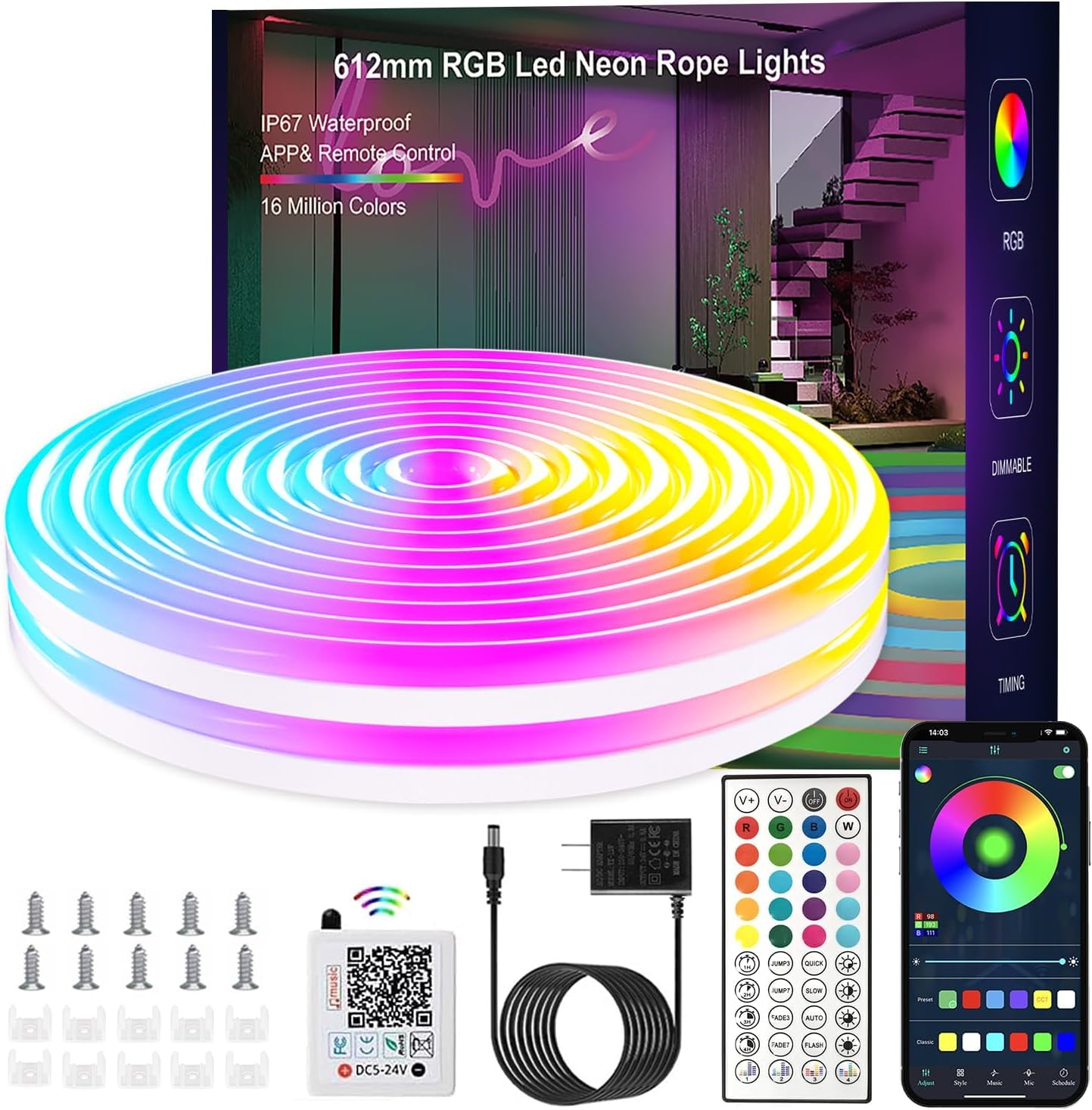 Nexillumi 5 Meter Neon Light Strip - RGB Smart LED Rope Light with App & Remote, Waterproof Indoor Outdoor Neon LED Strip Light for Room Decor, Gaming, Music Sync DIY Neon Sign Board