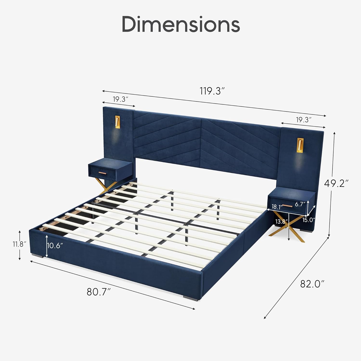 DEINPPA Luxury King Bed Frame with Built-in Gold LED Lights and Nightstands, King Size Platform Bed with Oversize Upholstered Headboard, No Box Spring Needed-Royal Blue King Royal Blue