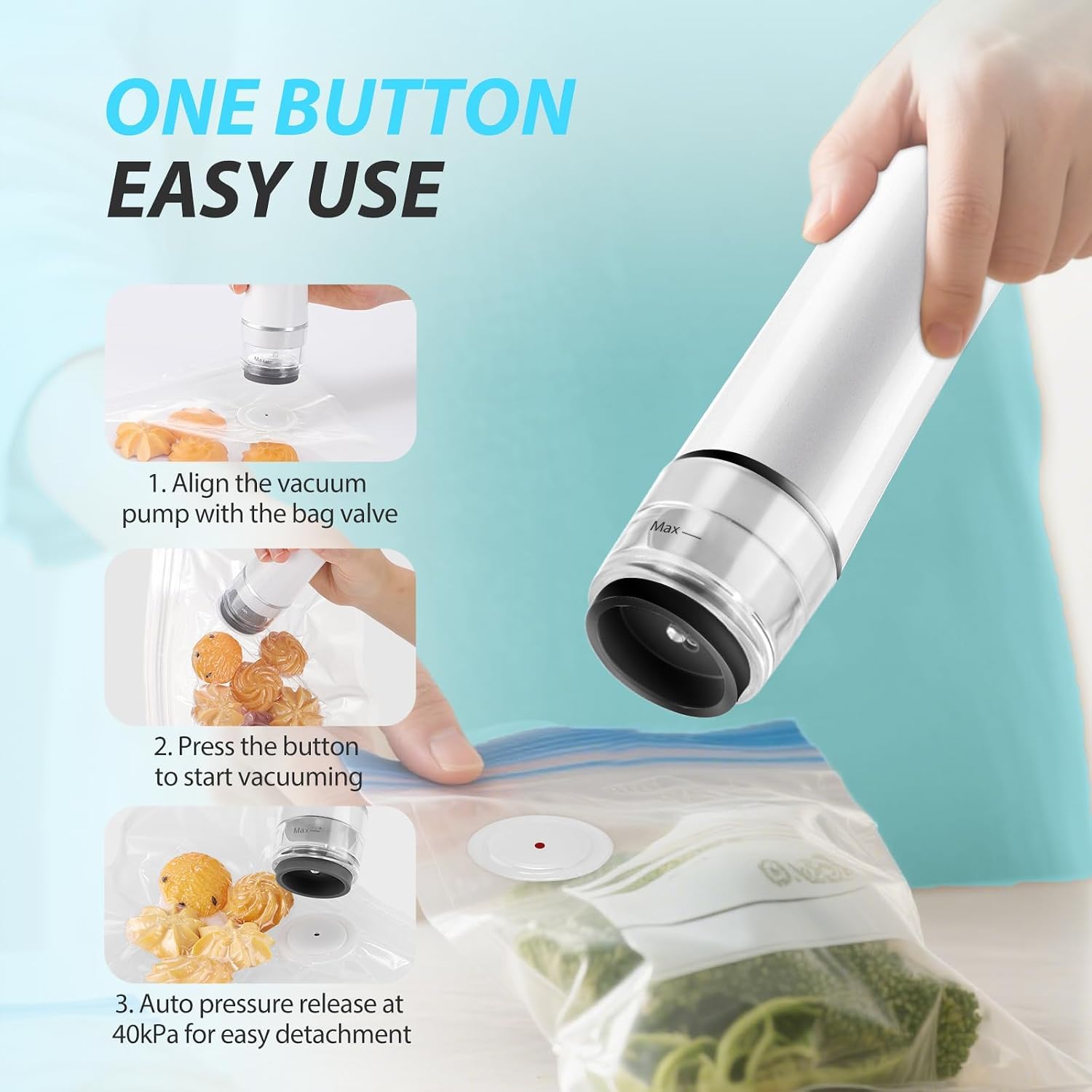 Compact Vacuum Sealer for Food - Powerful Handheld Vacuum Sealer Machine with 30 Reusable Vacuum Sealer Bags, Extends Freshness 10x, Portable & Wireless for Travel
