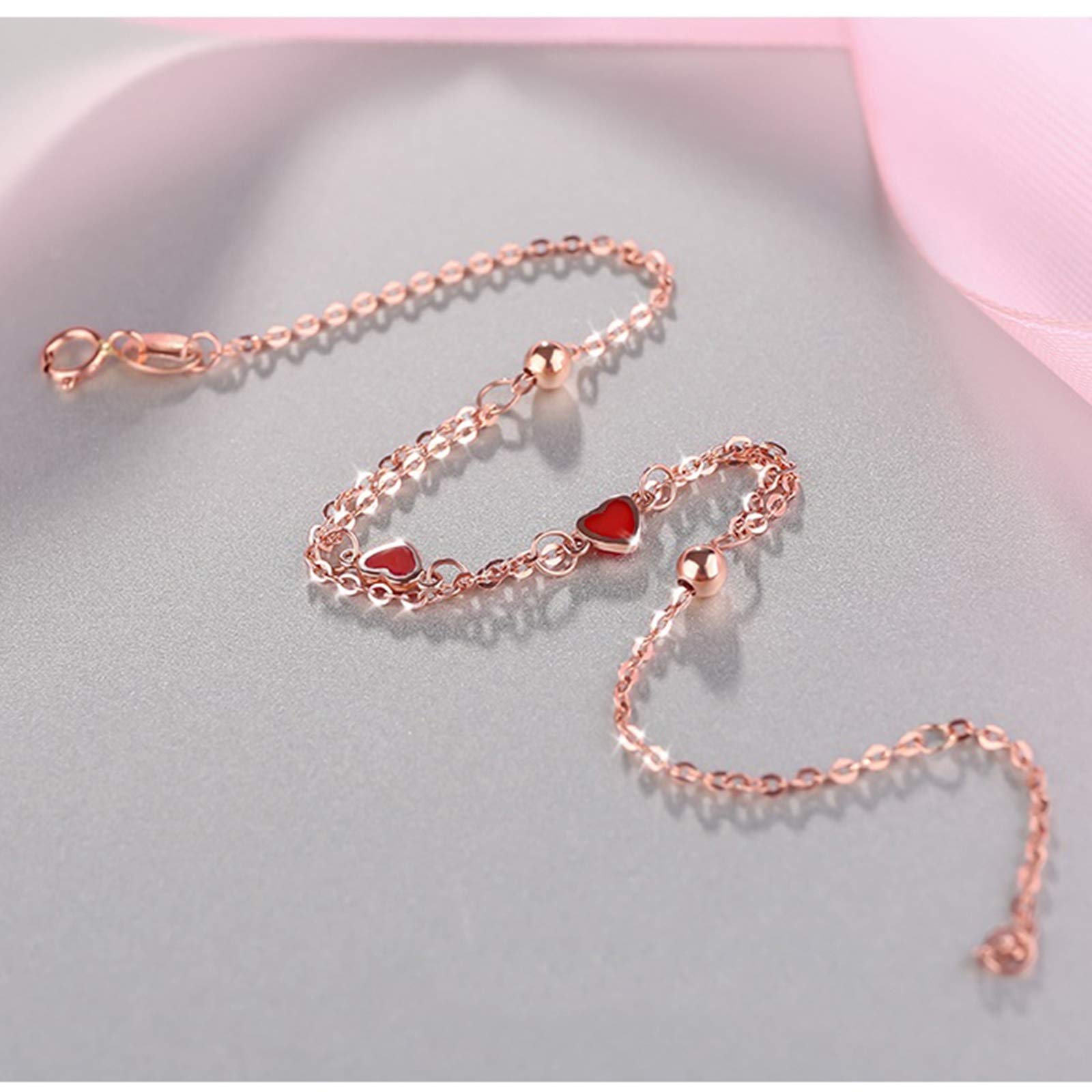 Armbänder für Damen, Roségold 18 Karat, Doppelkette mit Herzen und Perlen, Armbänder für Damen, 16+2 cm