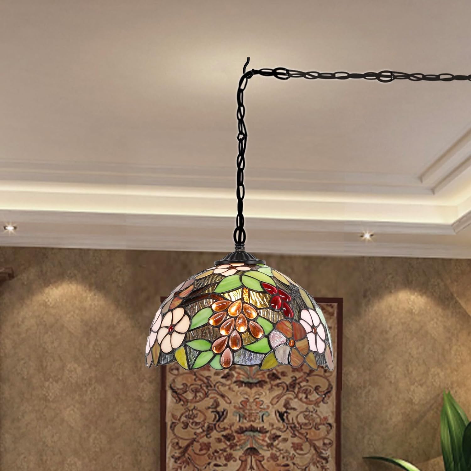 Tiffany Pendant Light Plug in 12 Inch Green Purple Grape Stained Glass Hanging Lamp with Chain 33 Inch, Cord 15 Feet