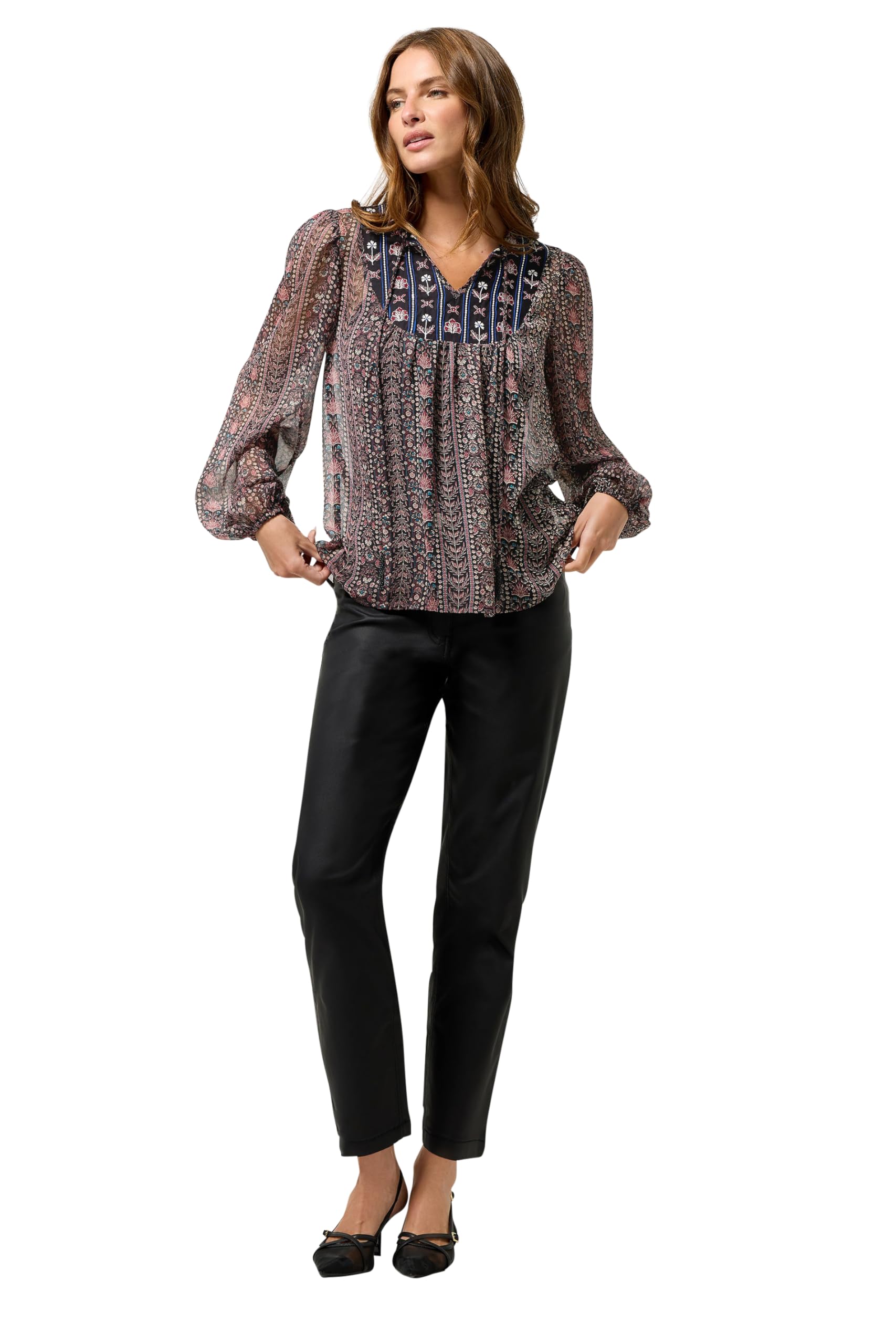 Women's Black M&Co M&Co Floral Embroidered Tie Neck Blouse Size 20