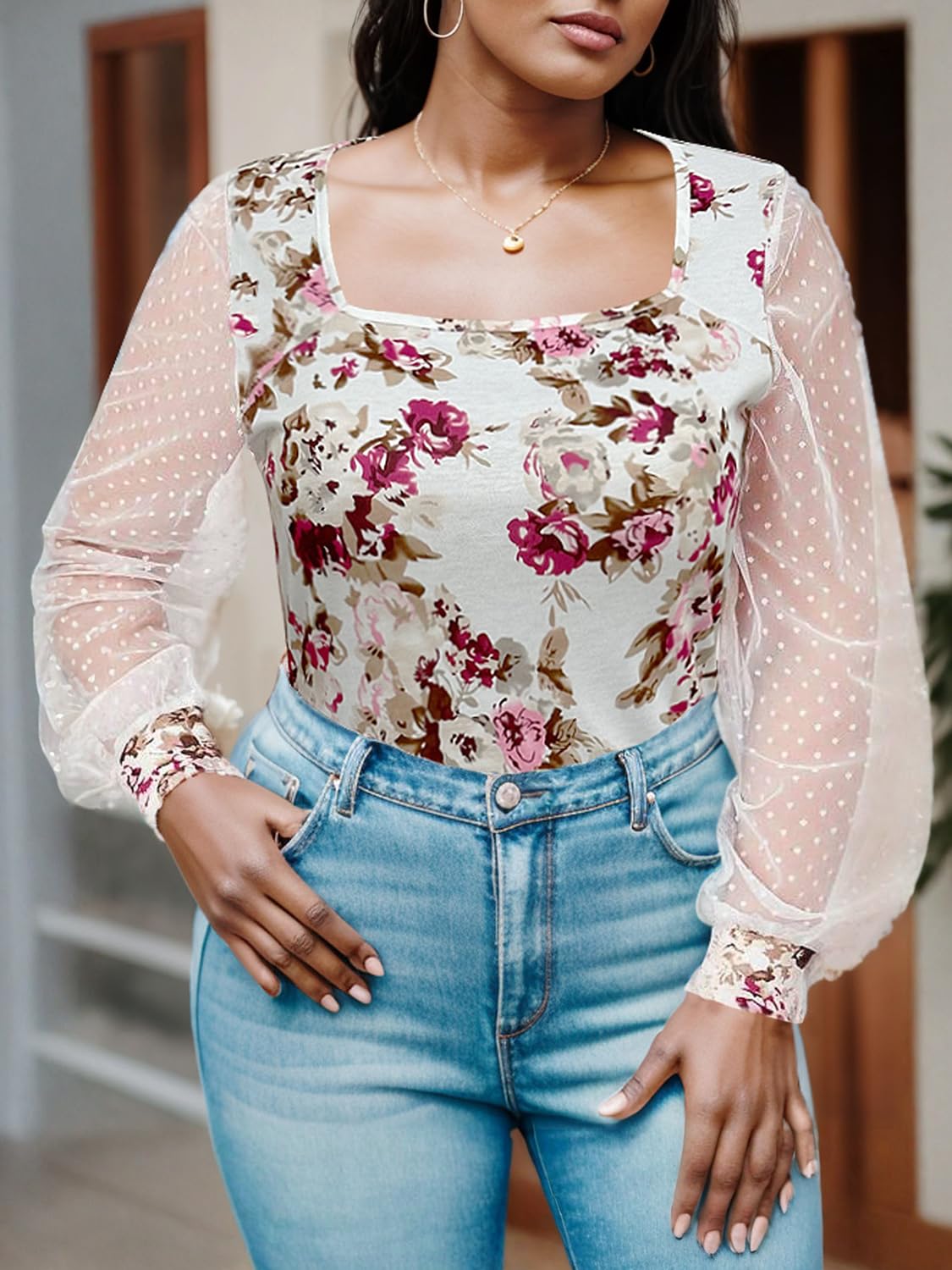 Womens Square Neck Tops Contrast Mesh Long Sleeve Floral Printed Shirts Tops Casual Shirts Blouses
