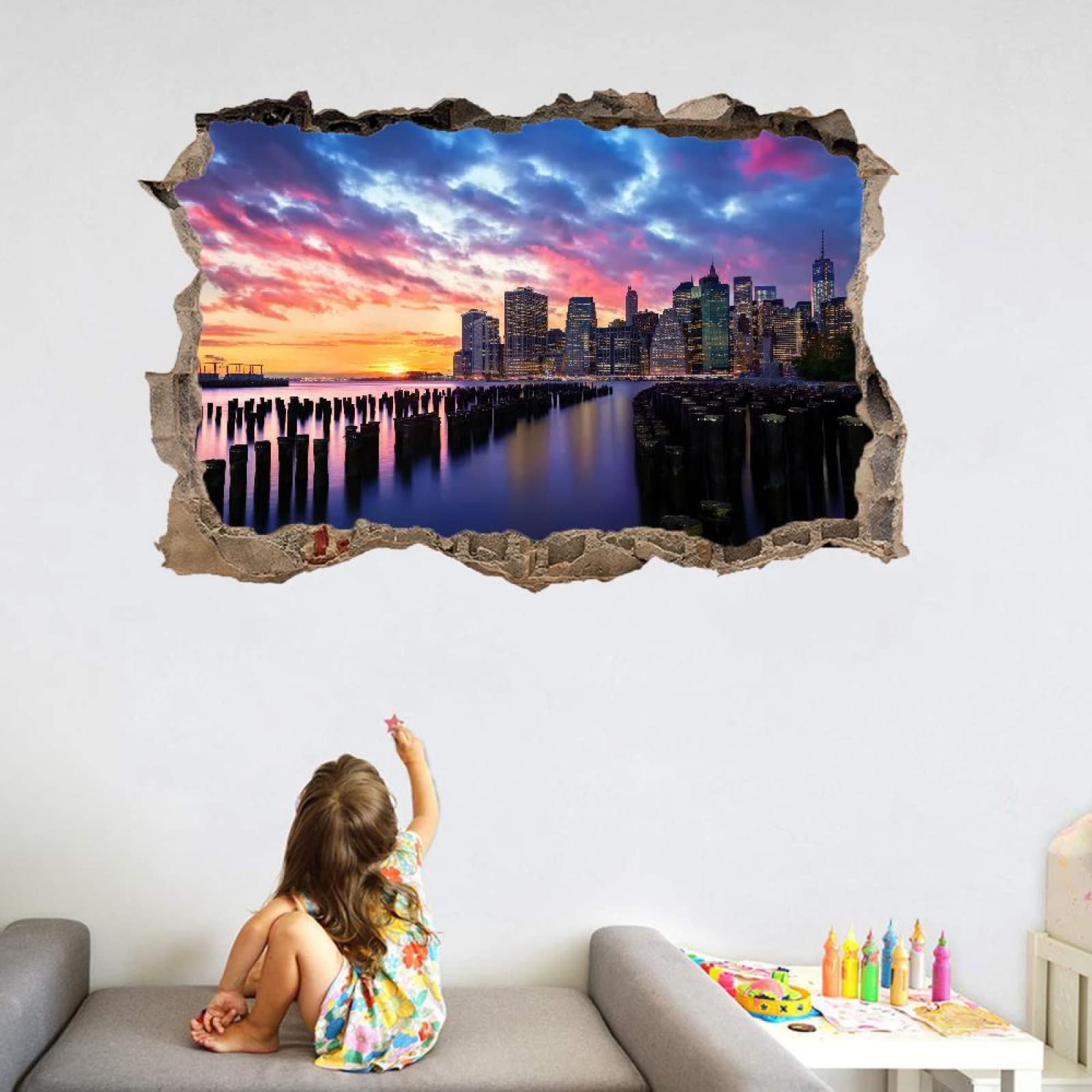 Adesivi Murali Murales Fracassati 3D Città Decalcomanie Per Pavimenti In Impermeabile Art Cielo Per La Camera Da Letto, La Decorazione Della Parete Della Scuola Materna 80x120cm