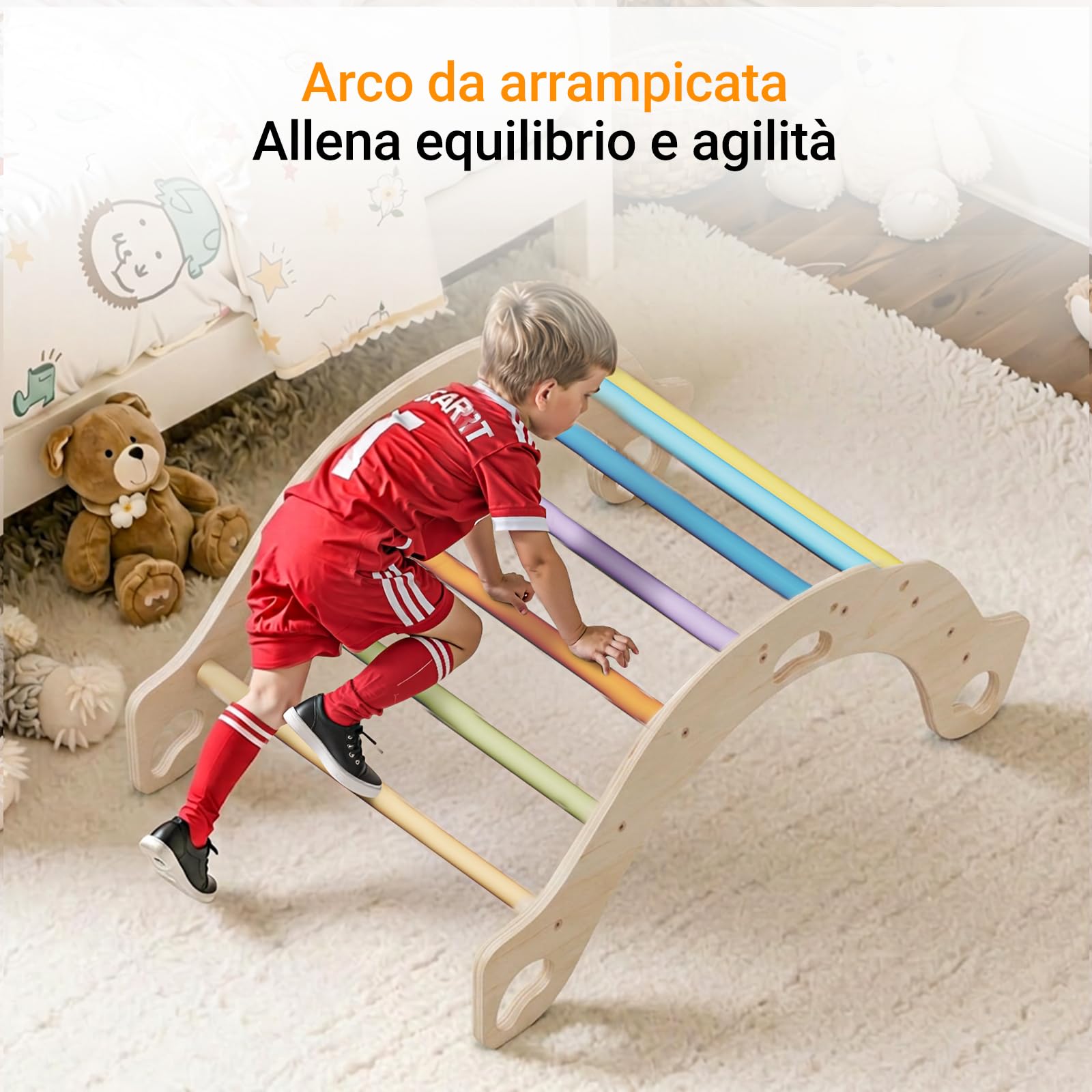 COSYLAND Arco Montessoriano per Bambini in Legno Naturale, Arco Montessori con Cuscino e 8 Maniglie, 4 in 1 Wippe, Scrivania, Giocattolo Educativo per Equilibrio e Motricità (Arcobaleno Classico)