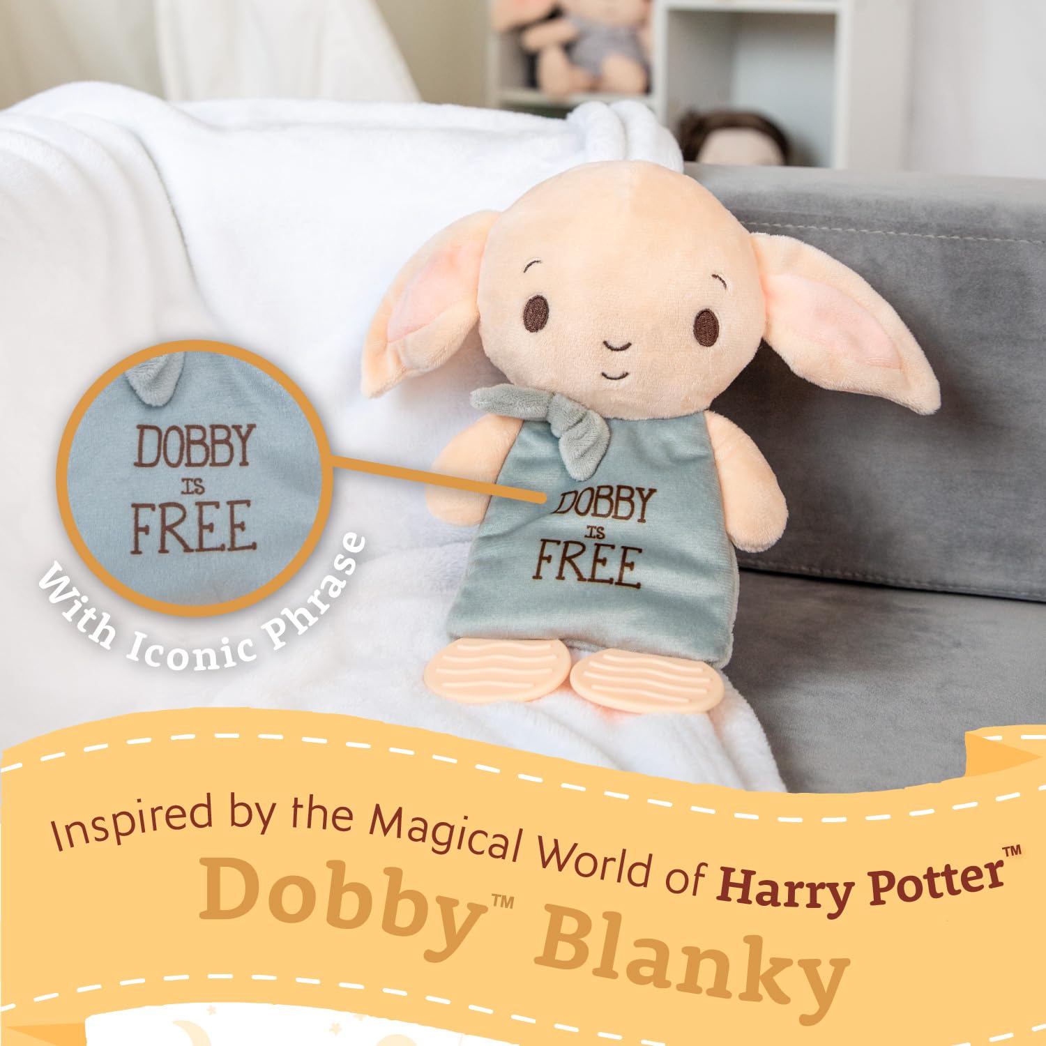 KIDS PREFERRED Harry Potter Dobby Teether Plush Toy Crinkle Cloth for Newborn Baby Boys and Girls 9.5 inches