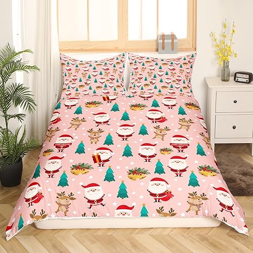 Miniatura 3 de Juego de funda de edredón rosa de Navidad, tamaño Queen, lindo juego de ropa de cama de árbol de Navidad de ciervos y Papá Noel para niños y niñas,