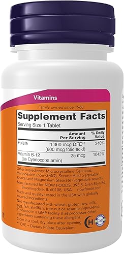 Miniatura 2 de NOW Suplementos ácido fólico 800 mcg  B-12 cianocobalamina 25 mcg vitamina del complejo B 250 tabletas