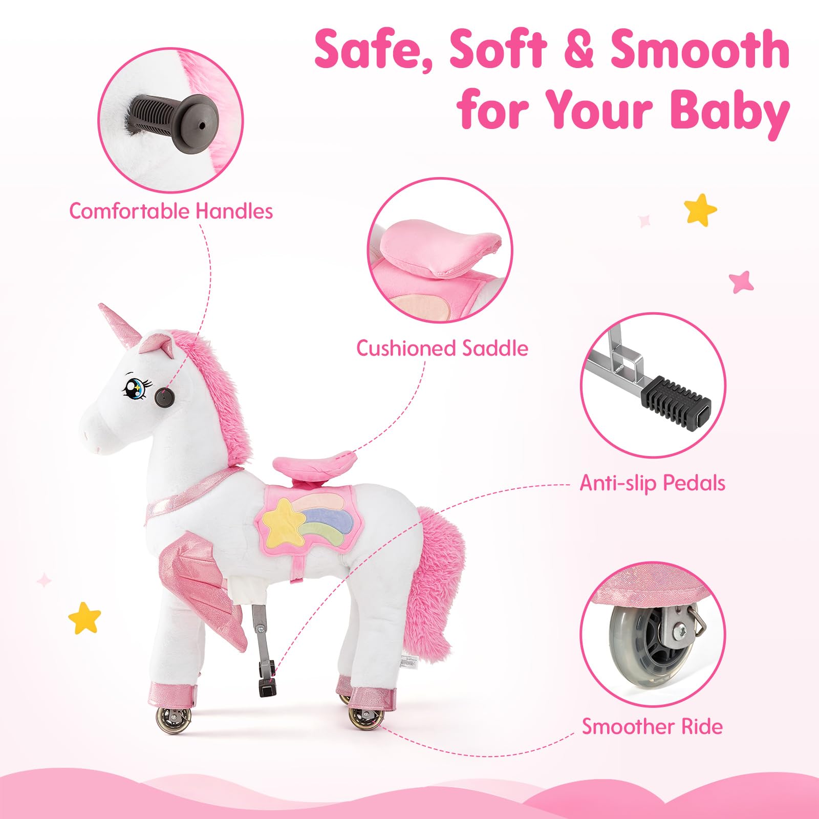 FUNLIO Unicornio Montable para Niños 3–6 Años, Juguete Montable de Peluche con Ruedas para Juego Interior y Exterior, Fácil de Montar, Certificado CPC & CE – Pequeño